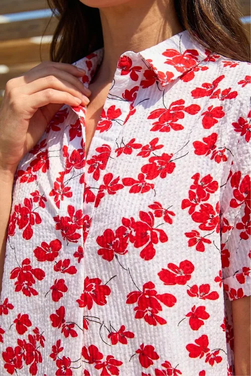 Roman Red Floral Print Pleat Neck Top - 18 Image 4