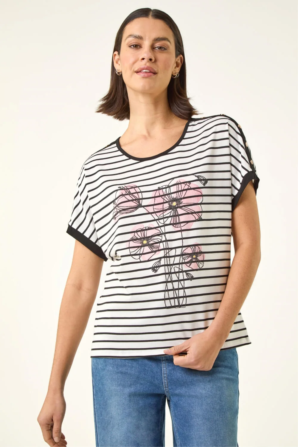 Roman Black Floral Stripe Print T-Shirt - 20 Image 3