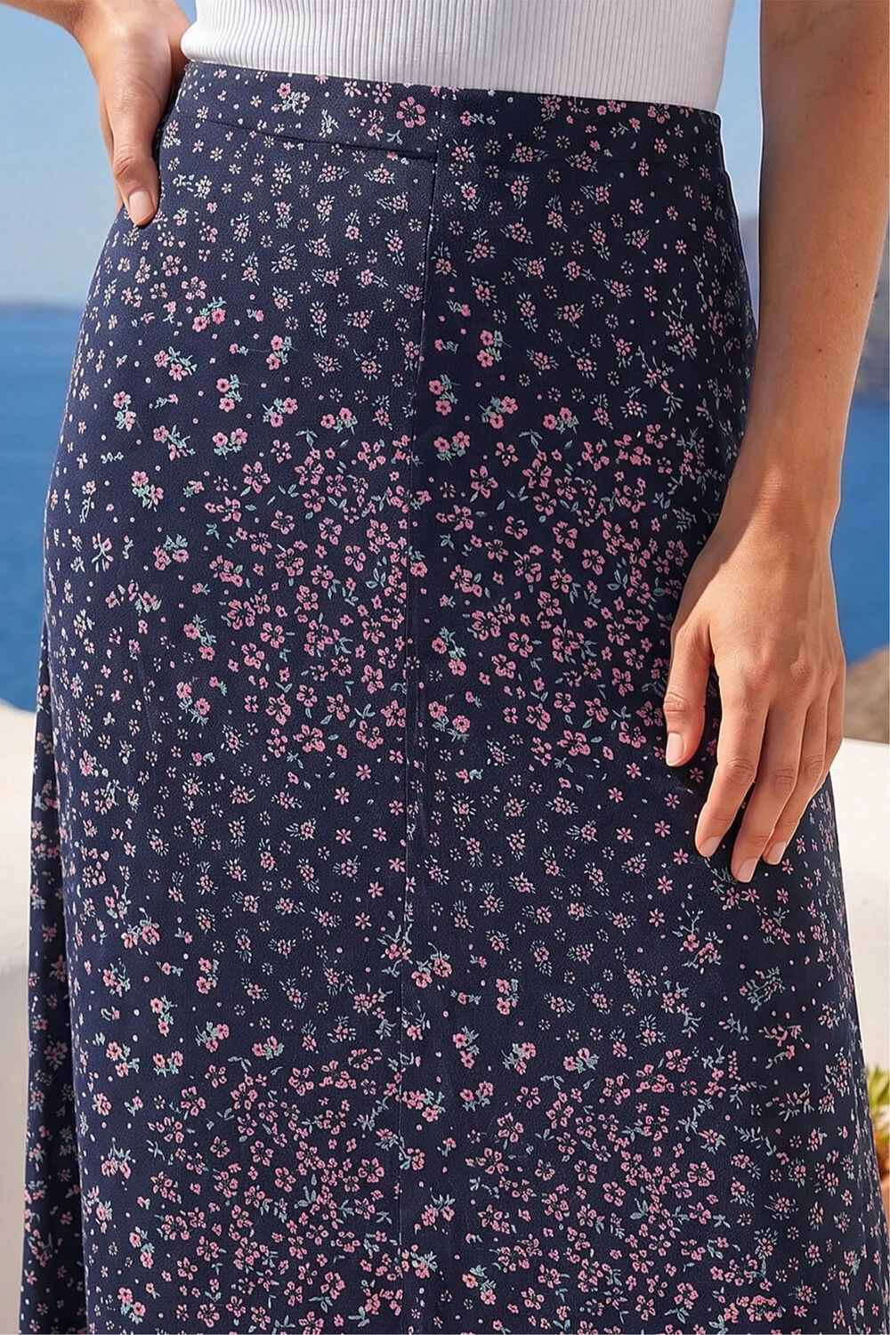 Roman Navy Floral Print Stretch Midi Skirt - 12 Image 4
