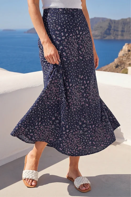 Roman Navy Floral Print Stretch Midi Skirt - 12 Image 1