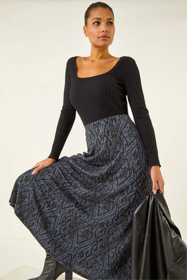 Roman Midnight Blue Abstract Diamond Print Midi Skirt