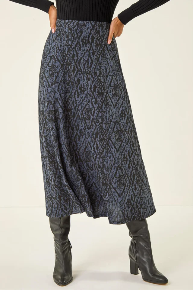 Roman Midnight Blue Abstract Diamond Print Midi Skirt