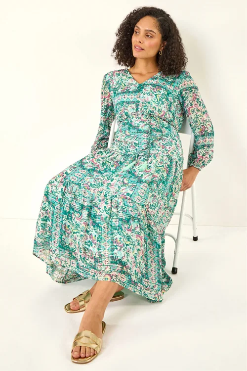 Roman Green Printed Metallic Tie Waist Maxi Dress - 14 Image 1