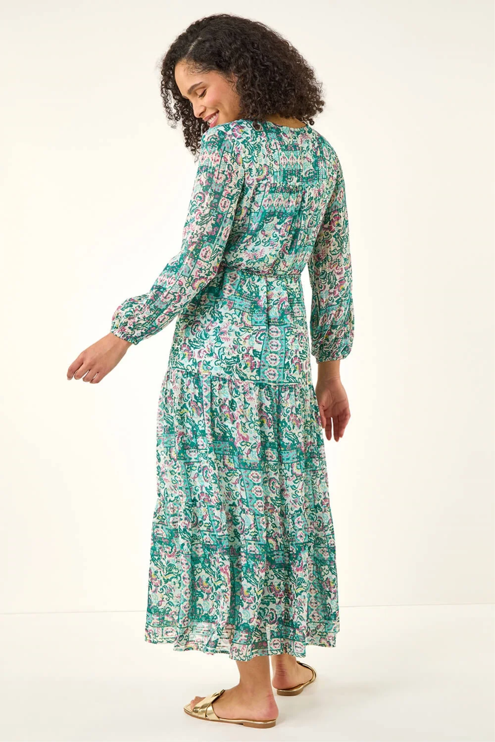 Roman Green Printed Metallic Tie Waist Maxi Dress - 14 Image 3