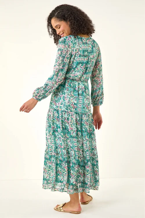 Roman Green Printed Metallic Tie Waist Maxi Dress - 14 Image 3