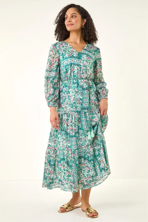 Roman Green Printed Metallic Tie Waist Maxi Dress - 14 Image 2