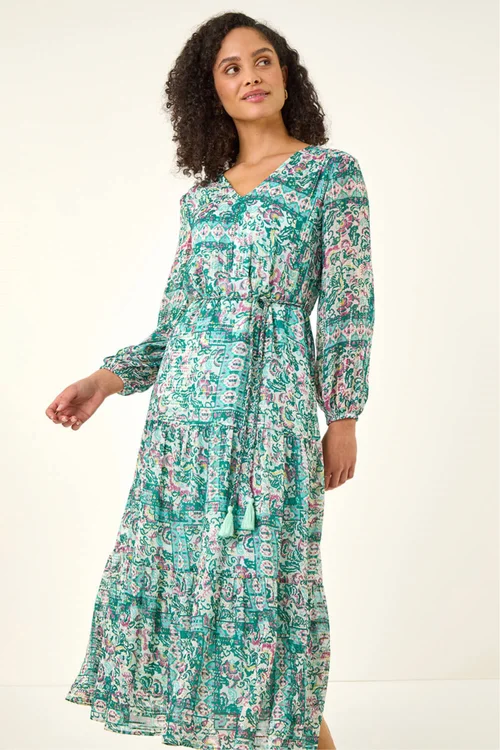 Roman Green Printed Metallic Tie Waist Maxi Dress - 14 Image 4