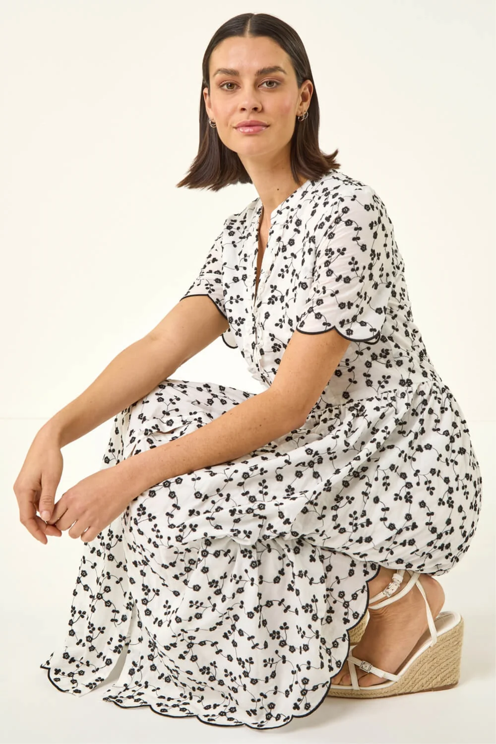 Roman White Floral Embroidered Button Midi Dress - 16 Roman White Floral Embroidered Button Midi Dress - 16