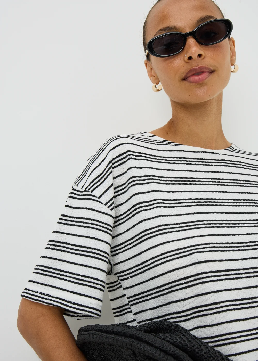Cream Stripe Soft Knit Co Ord T-Shirt - S Image 3