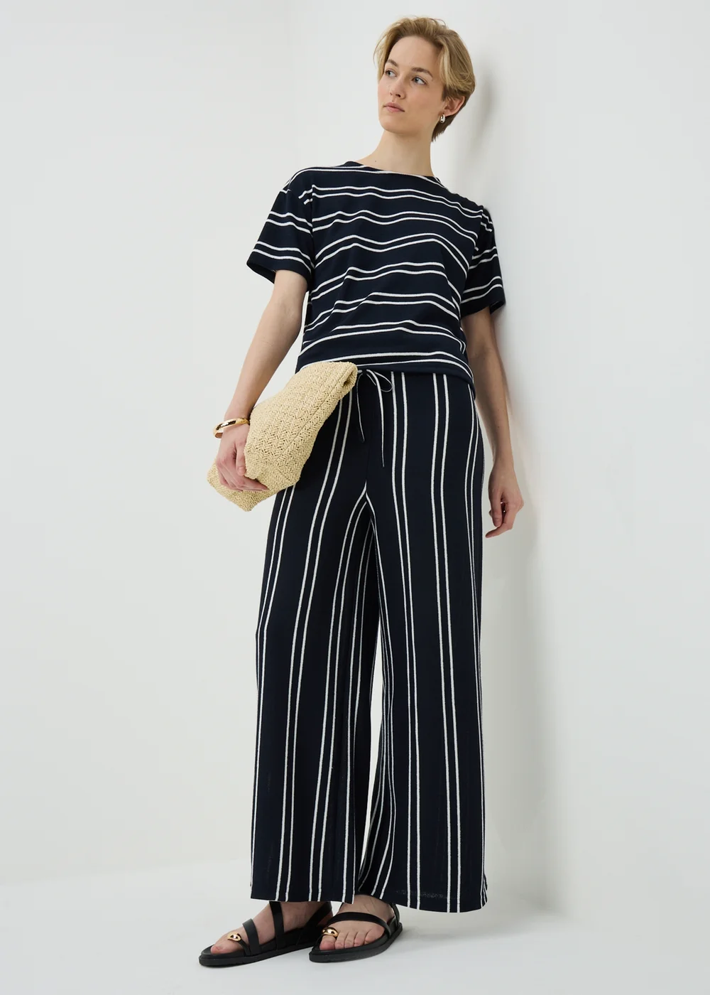 Navy Stripe Soft Knit Wide Leg Co Ord Trousers - 18/L29 Image 1
