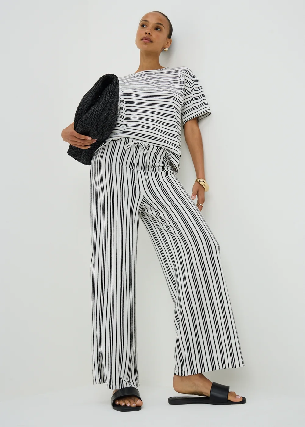 Cream Stripe Soft Knit Wide Leg Co Ord Trousers - 10/L29 Image 1