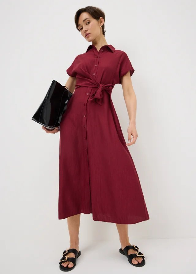 Red Tie Front Midi Shirt Dress
