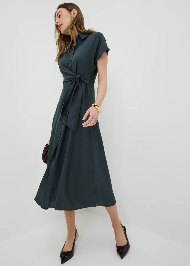 Navy Tie Front Midi Shirt Dress