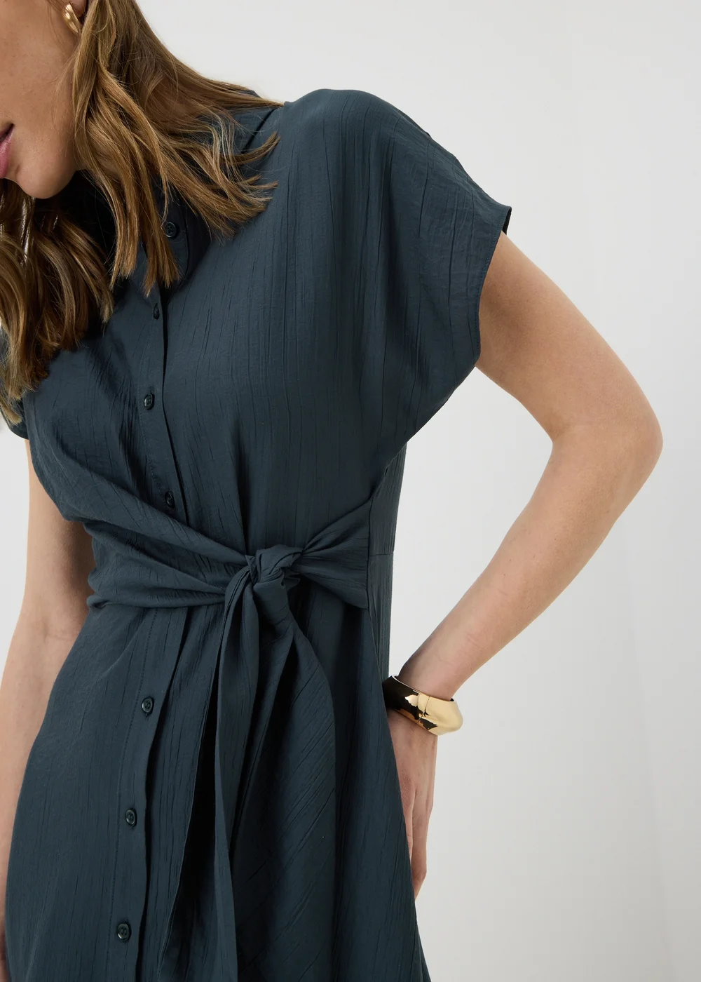 Navy Tie Front Midi Shirt Dress - 8 Image 3