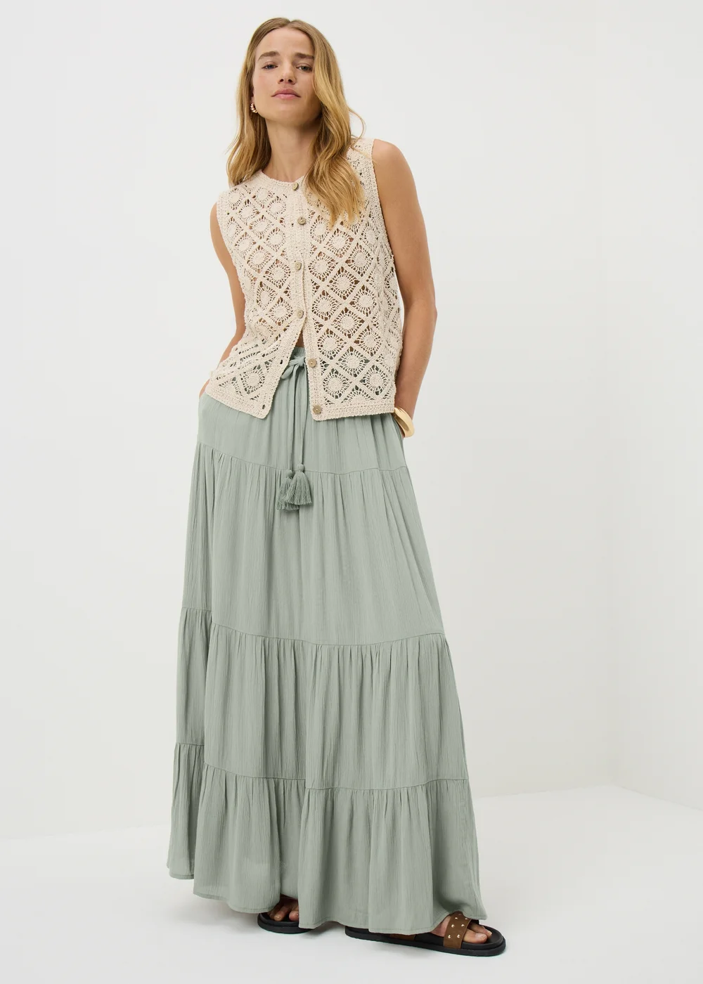 Sage Green Tiered Cheesecloth Maxi Skirt - Size 8 Image 1