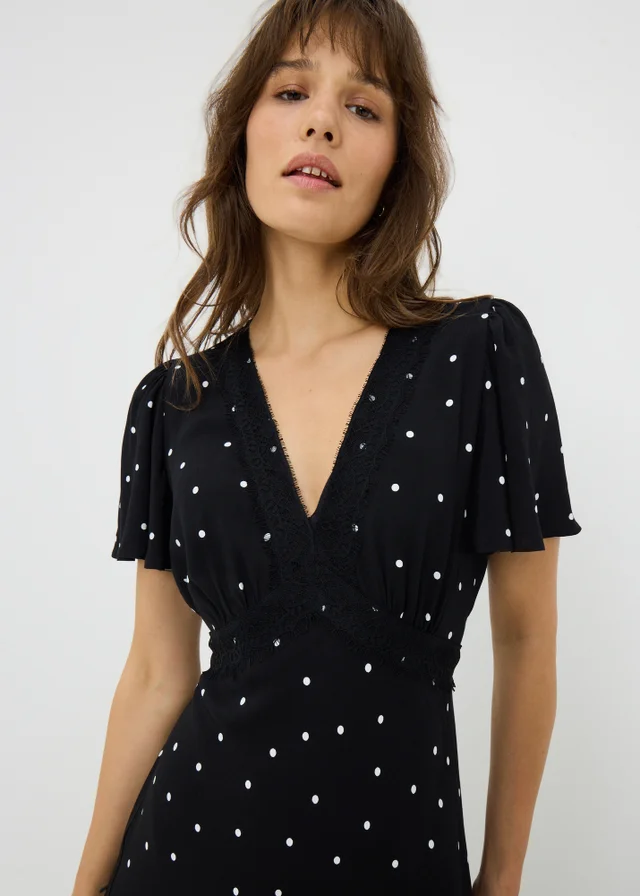 Black Spot Print Lace Trim Midi Dress