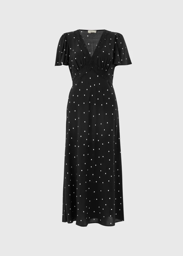Black Spot Print Lace Trim Midi Dress