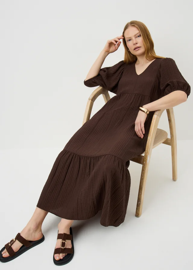 Chocolate Brown Puff Sleeve Midaxi Dress