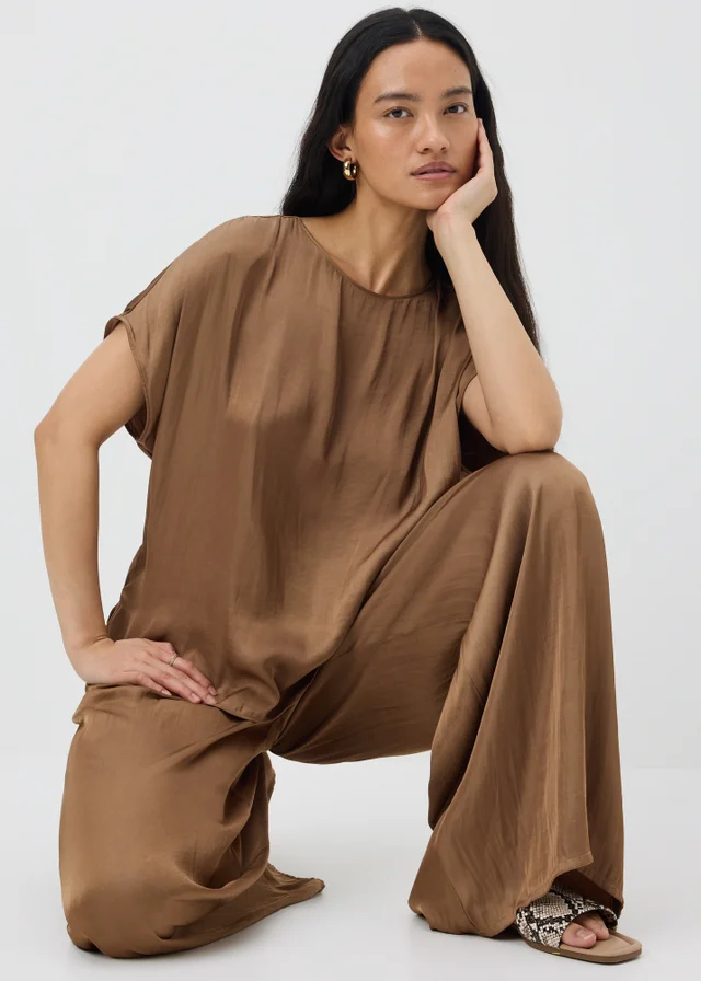 Chocolate Brown Washed Satin Co Ord Top