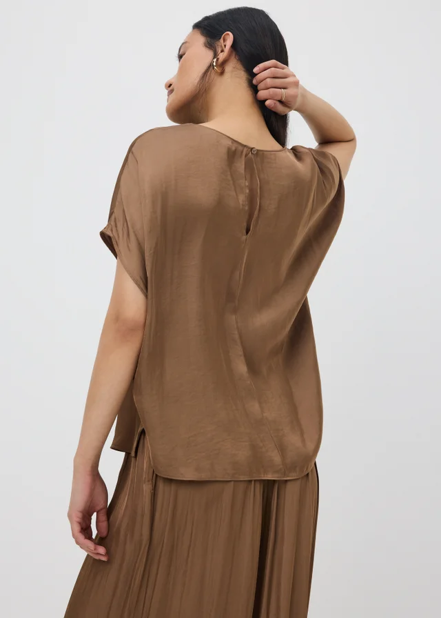 Chocolate Brown Washed Satin Co Ord Top