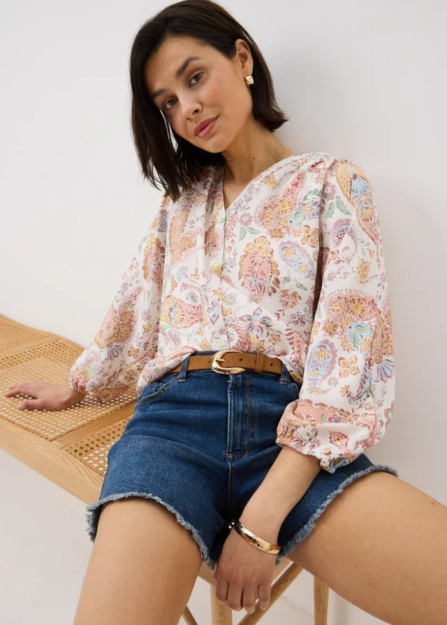 Orange Paisley Print Popover Blouse
