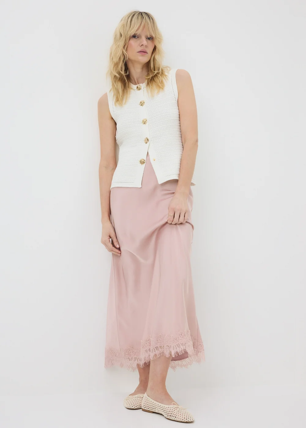 Pink Satin Lace Trim Maxi Skirt - 18 Image 2