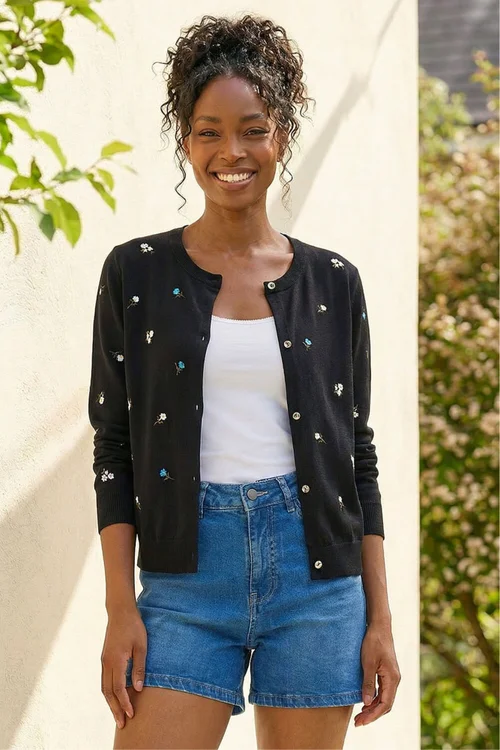 Roman Black Floral Embroidered Knit Cardigan - 14 Image 2