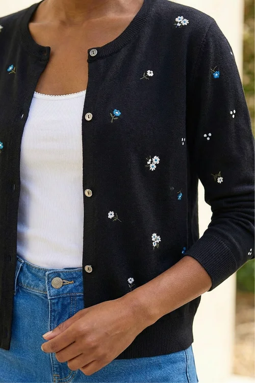 Roman Black Floral Embroidered Knit Cardigan - 14 Image 4