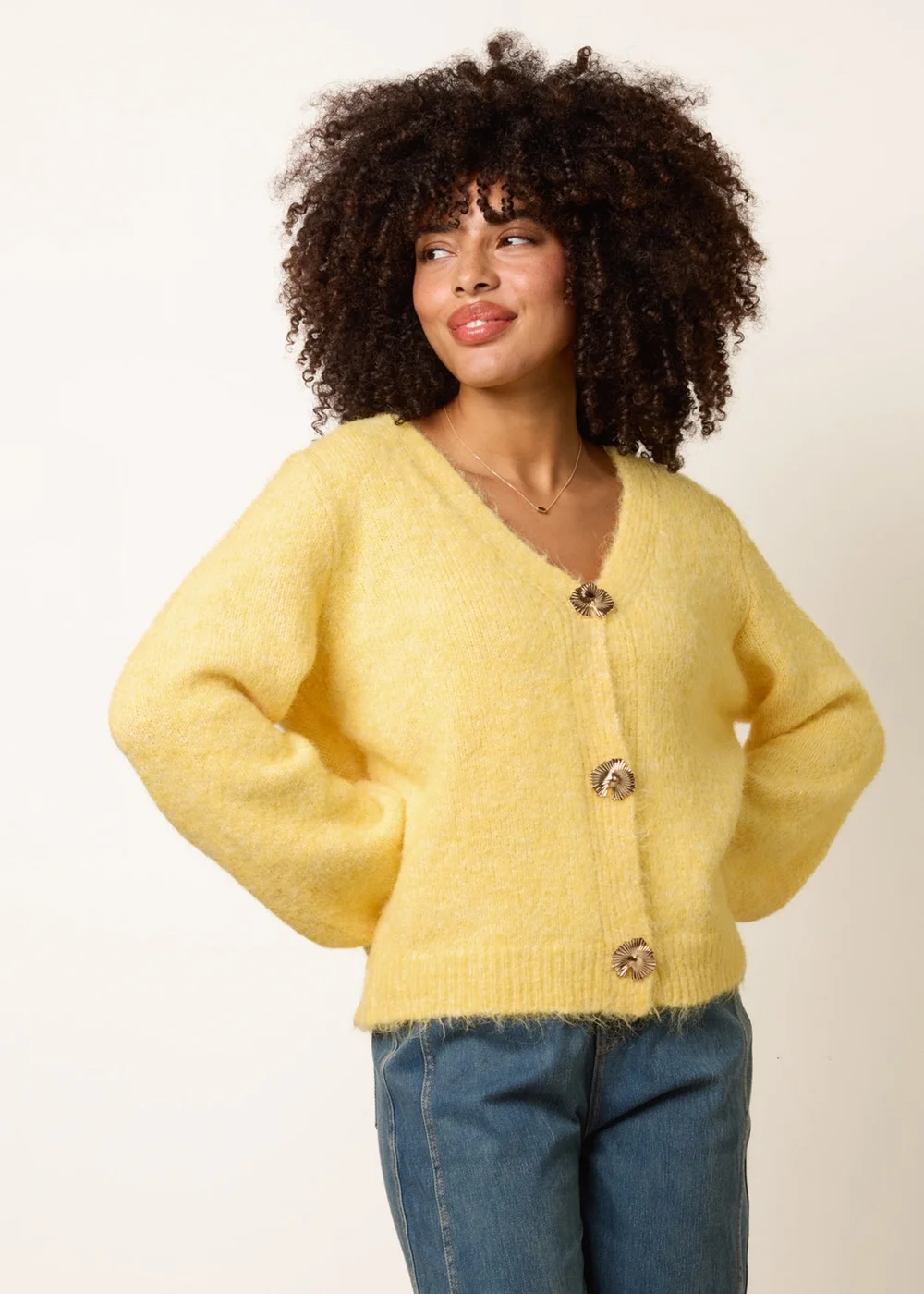Blue Vanilla Yellow Gold Tone Flower Embossed Button Cardigan - M/L Image 2