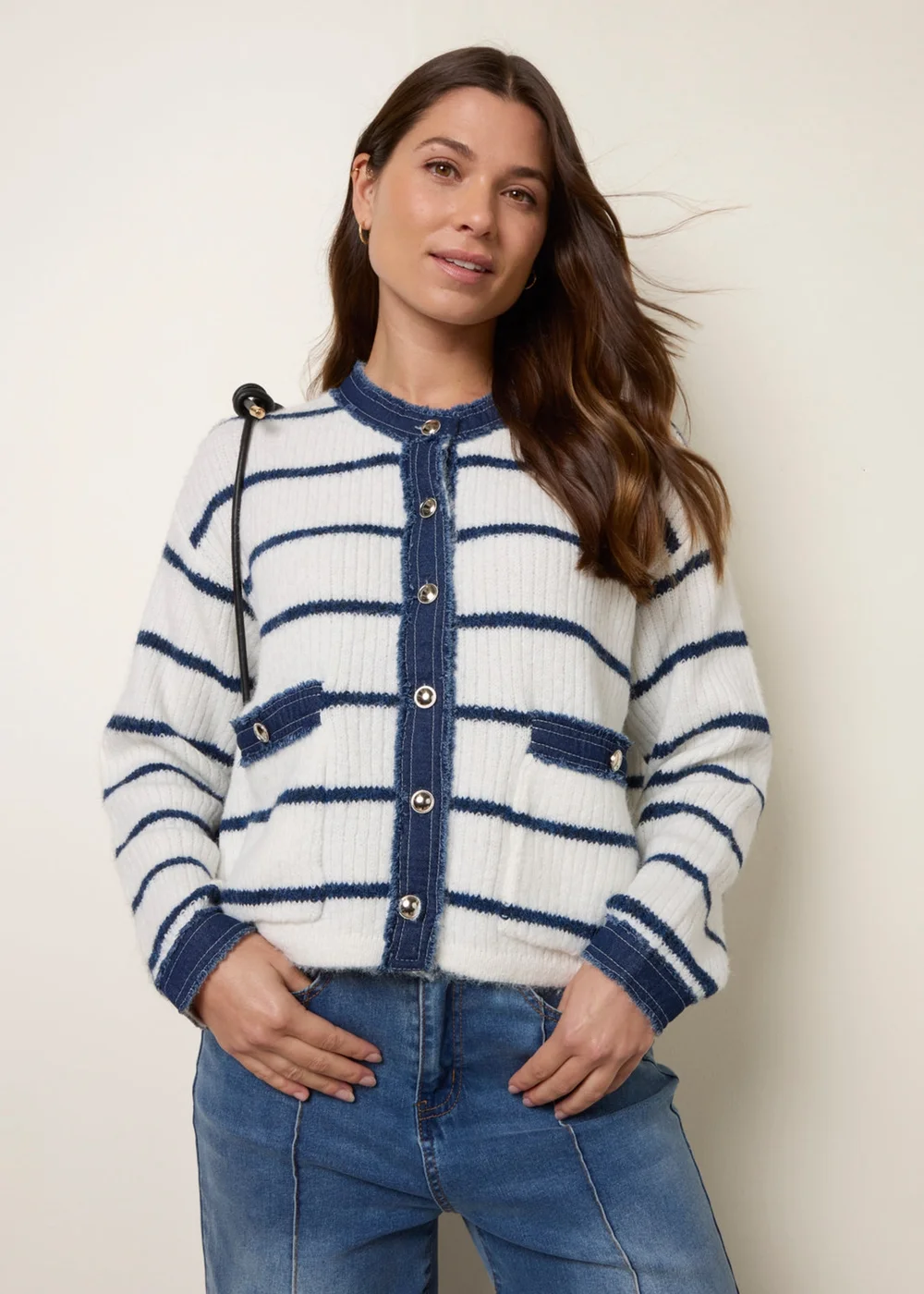 Blue Vanilla Ivory Stripe & Denim Cardigan - M/L Image 1