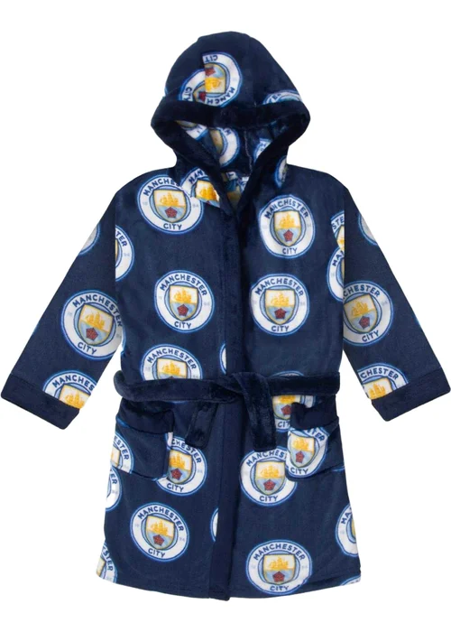 Manchester City FC Boys Navy Crest Fleece All-Over Print Dressing Gown (5-14yrs) - Age 7-8 Years Image 4