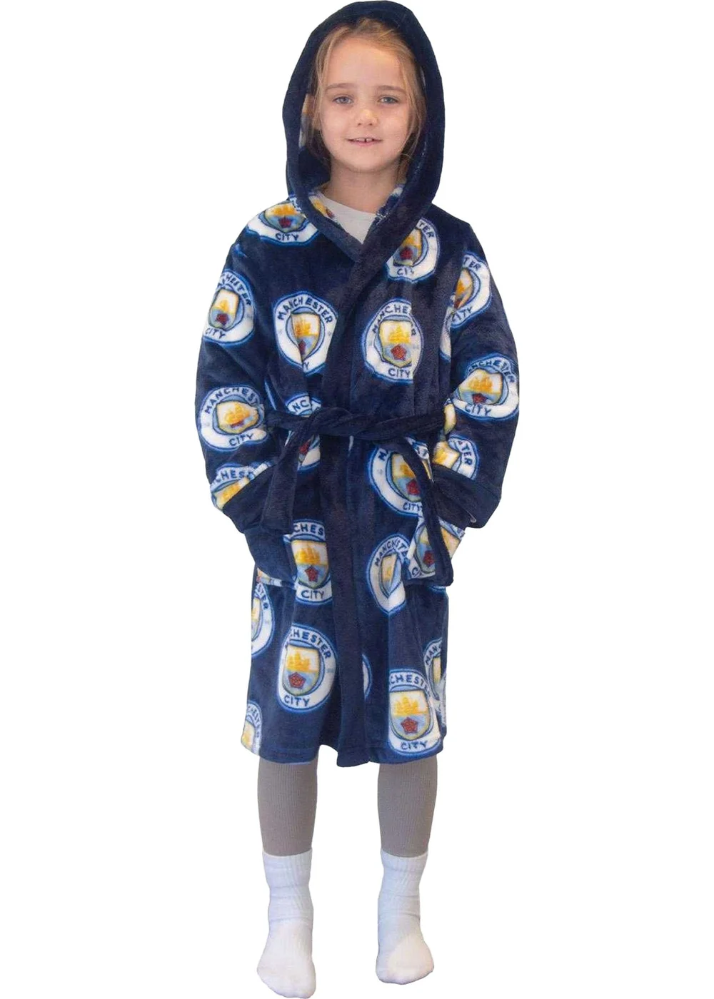 Manchester City FC Boys Navy Crest Fleece All-Over Print Dressing Gown (5-14yrs) - Age 7-8 Years Image 1