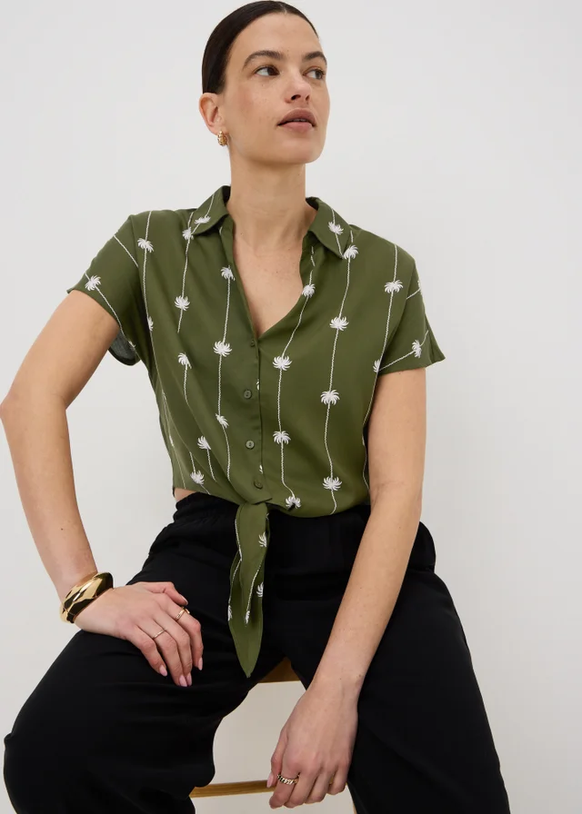 Khaki Palm Print Tie Front Co Ord Shirt