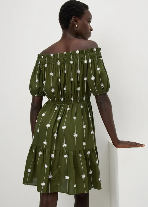 Khaki Palm Print Bardot Mini Dress - 8 Image 2