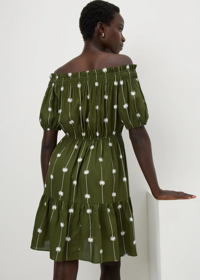 Khaki Palm Print Bardot Mini Dress