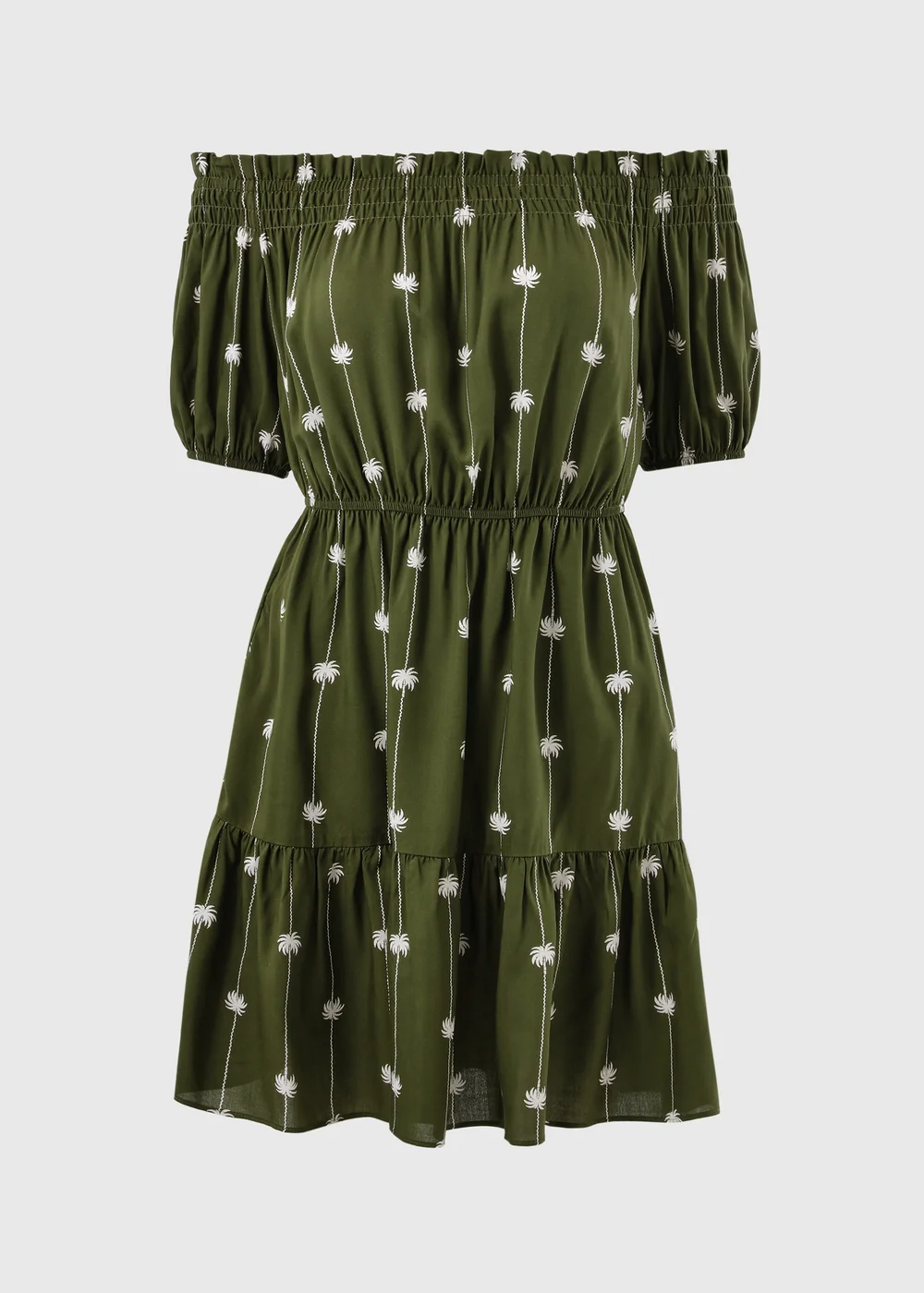 Khaki Palm Print Bardot Mini Dress - 8 Image 4