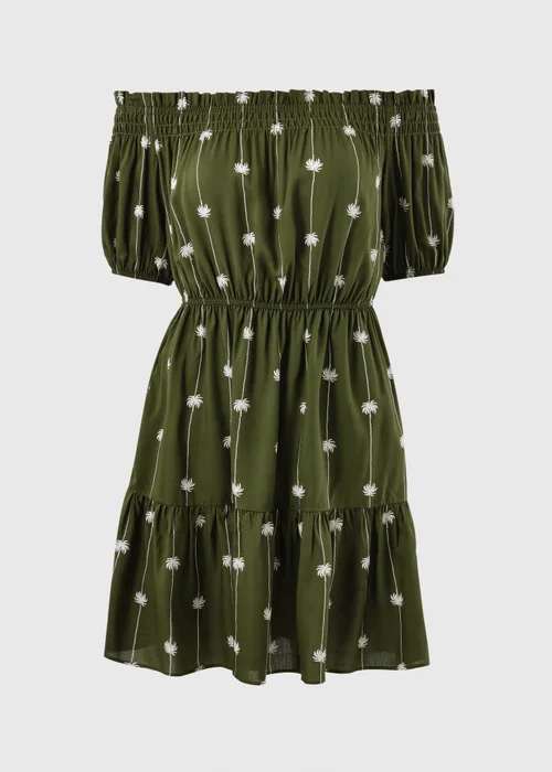 Khaki Palm Print Bardot Mini Dress - 8 Image 4