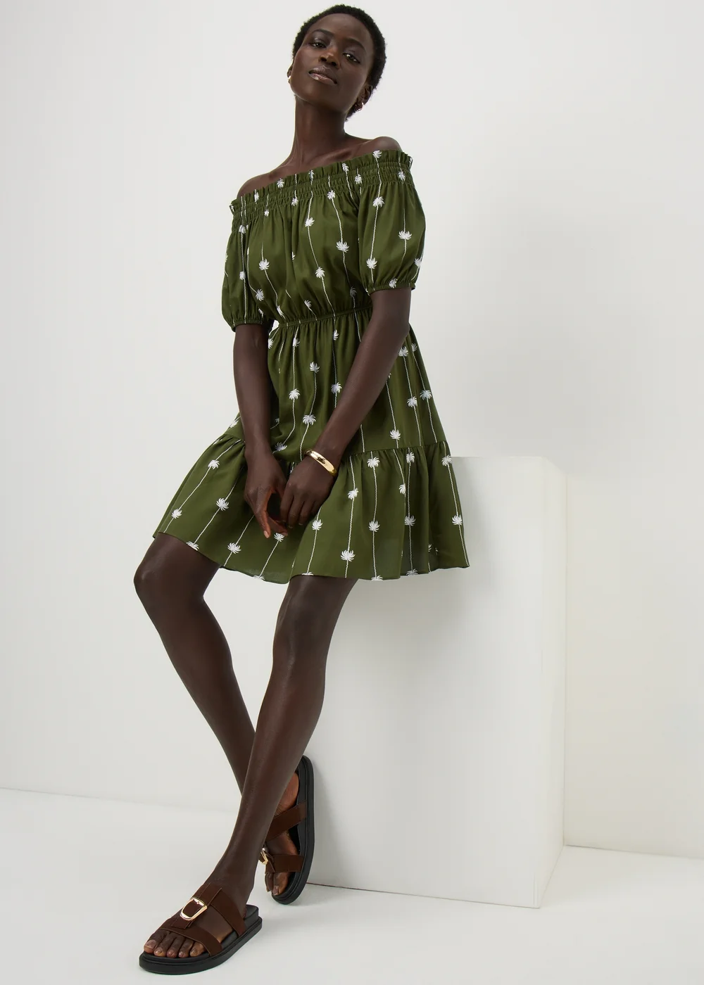 Khaki Palm Print Bardot Mini Dress - 8 Image 1