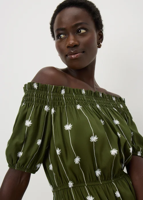 Khaki Palm Print Bardot Mini Dress - 8 Image 3