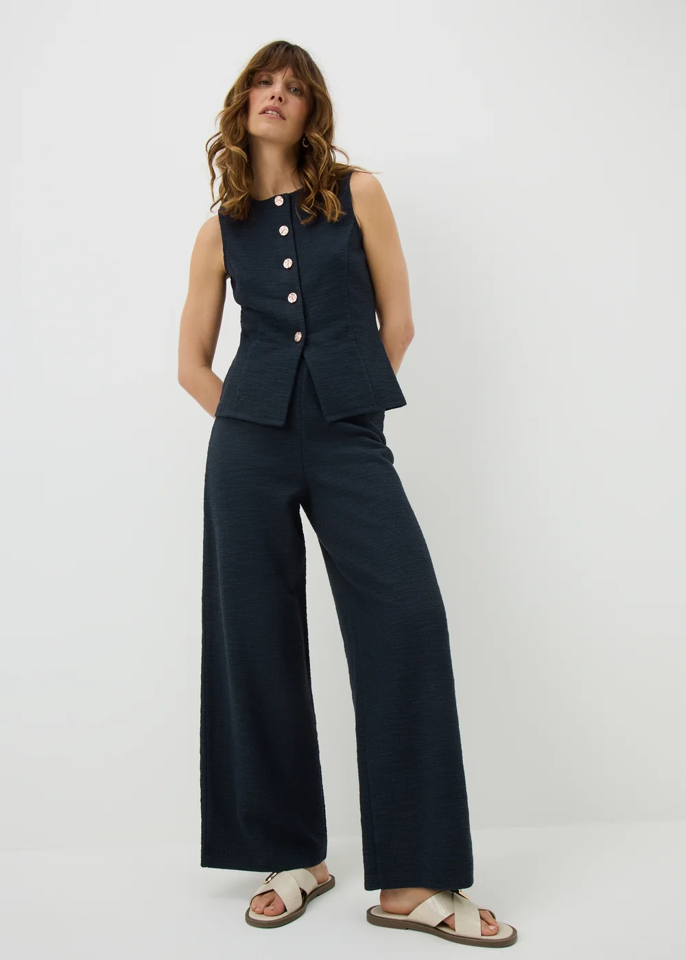 Navy Boucle Wide Leg Co Ord Trousers - 10/L31 Image 1