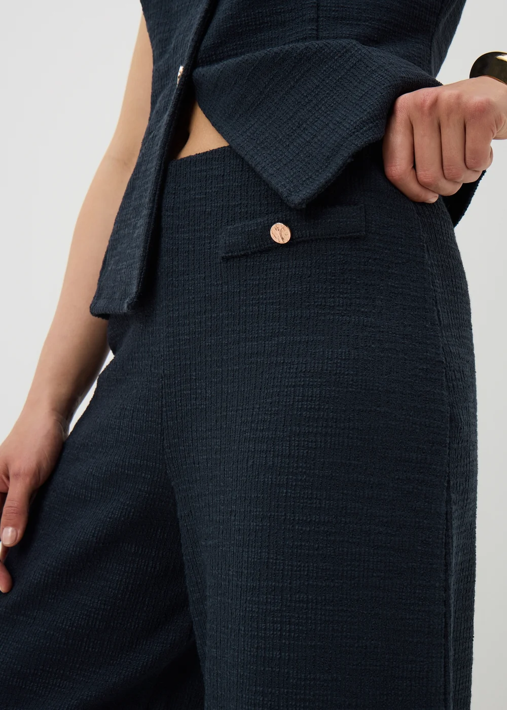 Navy Boucle Wide Leg Co Ord Trousers - 10/L31 Image 3