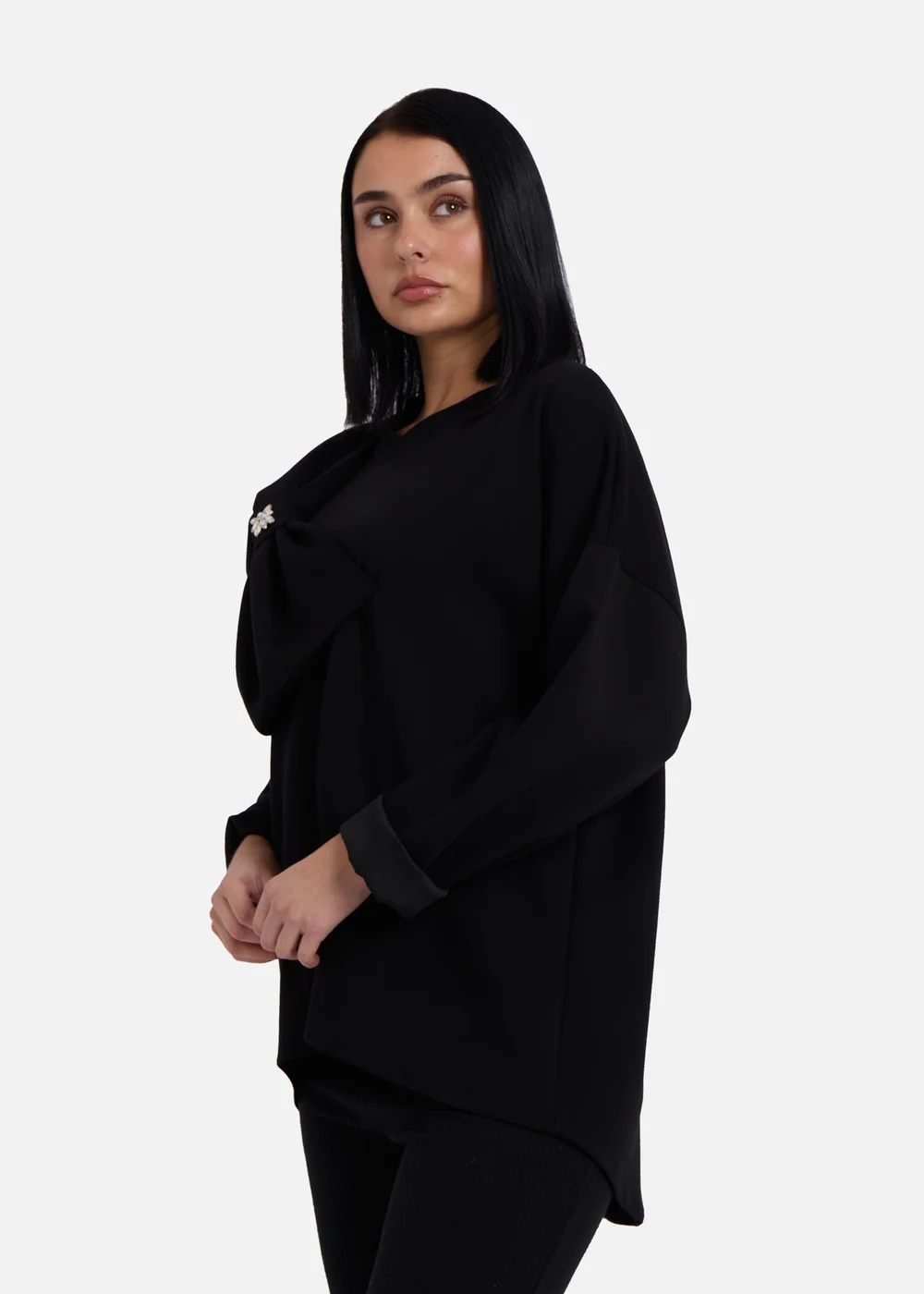 Gini London Black Side Contrast Bow Oversized Jumper Top - L/XL Image 4