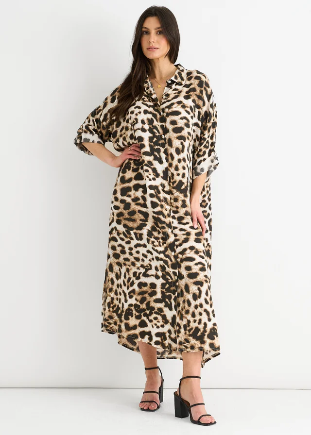 Gini London Brown Animal Printed Button Through Midaxi Shirt Dress