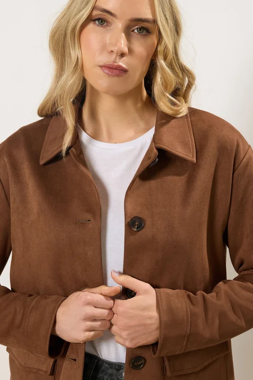 Long Tall Sally Natural Brown Faux Suede Trucker Jacket - 18 Image 4