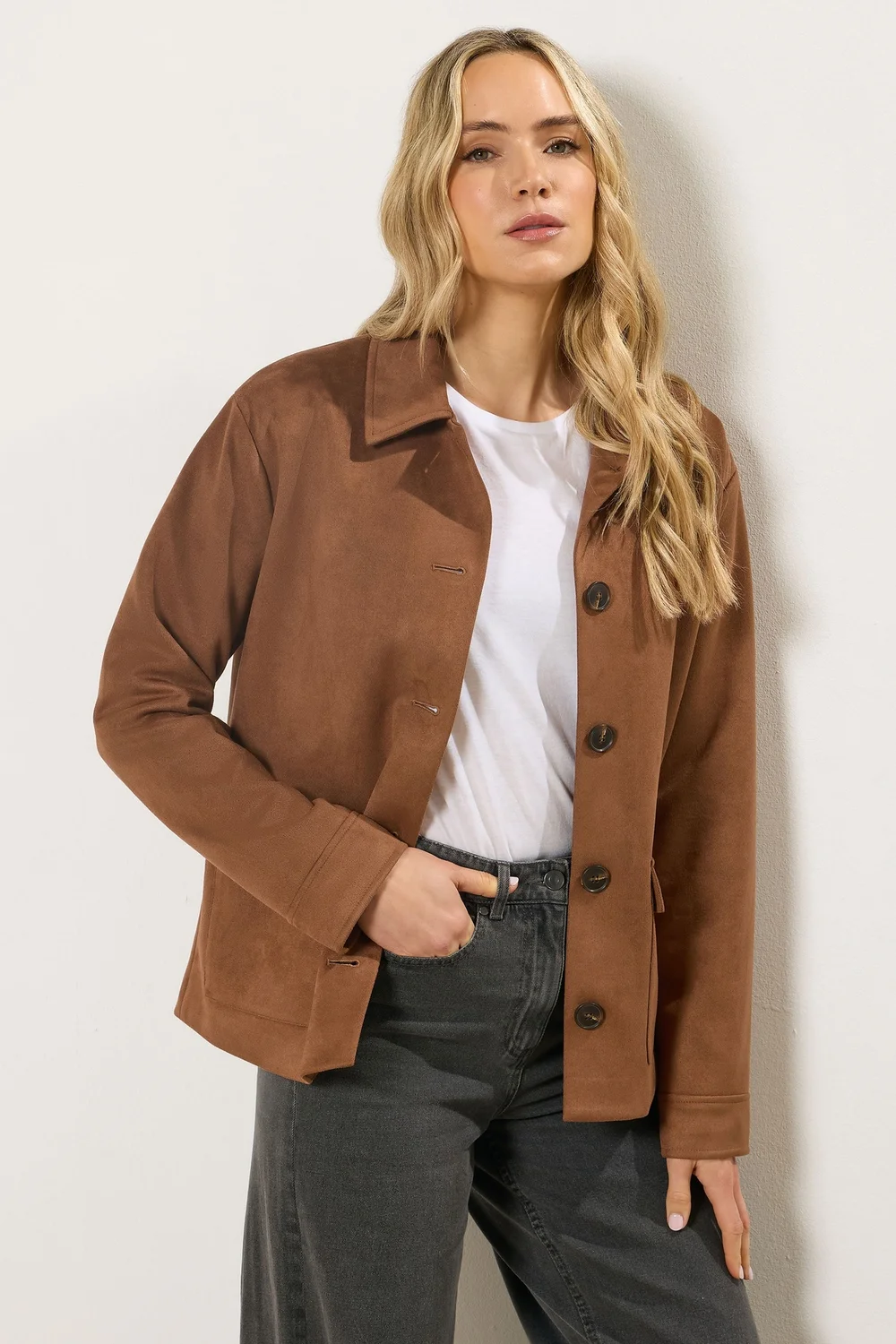 Long Tall Sally Natural Brown Faux Suede Trucker Jacket - 18 Image 1