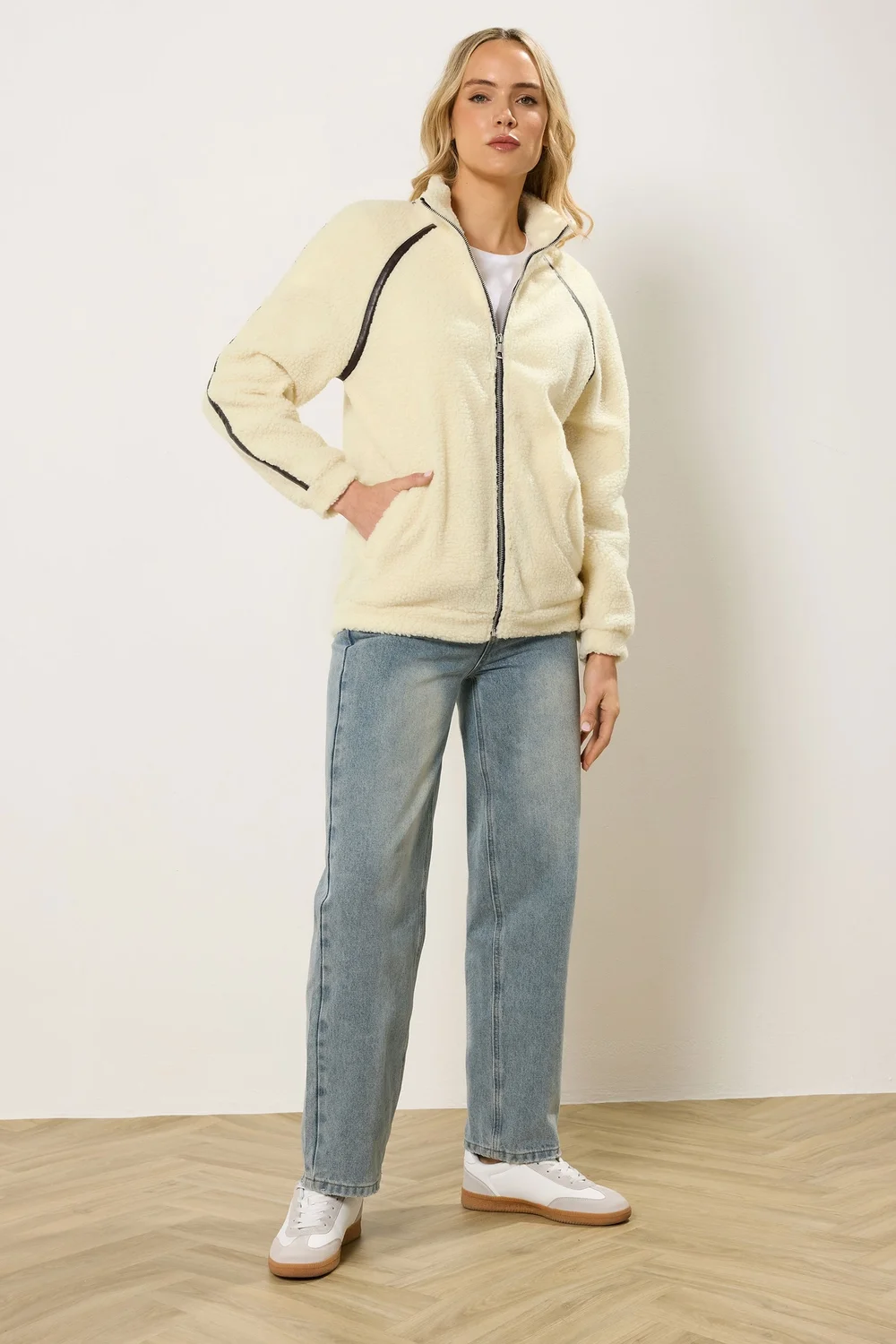 Long Tall Sally Ivory White Tape Detail Fleece Jacket - 14 Image 2