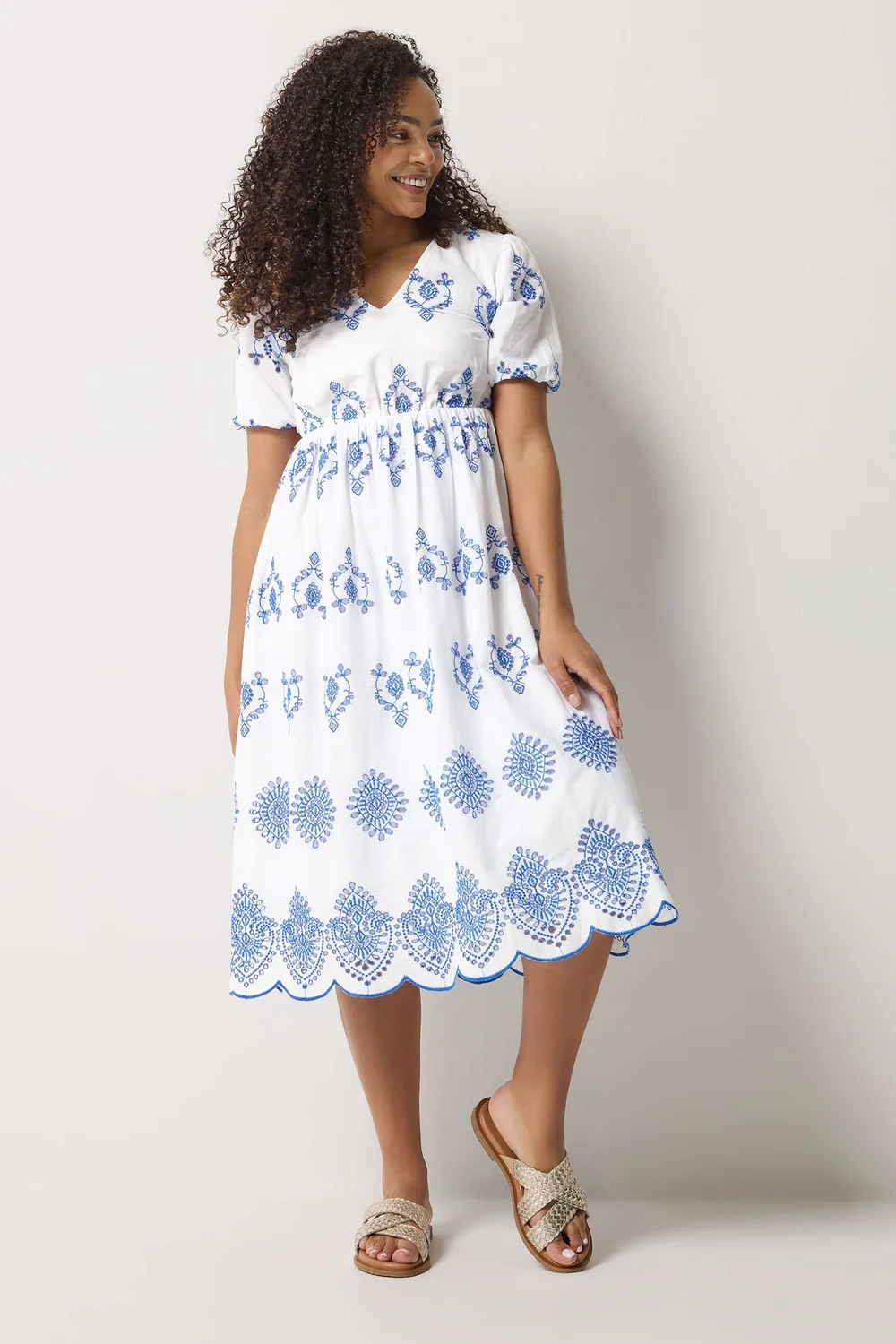 M&Co White & Blue Embroidered Midi Dress - 20 Image 3