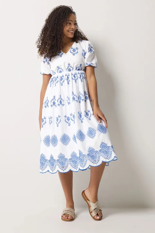 M&Co White & Blue Embroidered Midi Dress - 20 Image 3