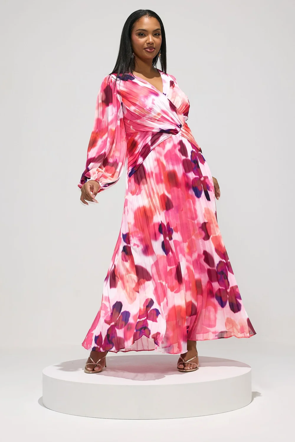 Yours London Curve Pink Abstract Pleated Dress - 16 Image 3
