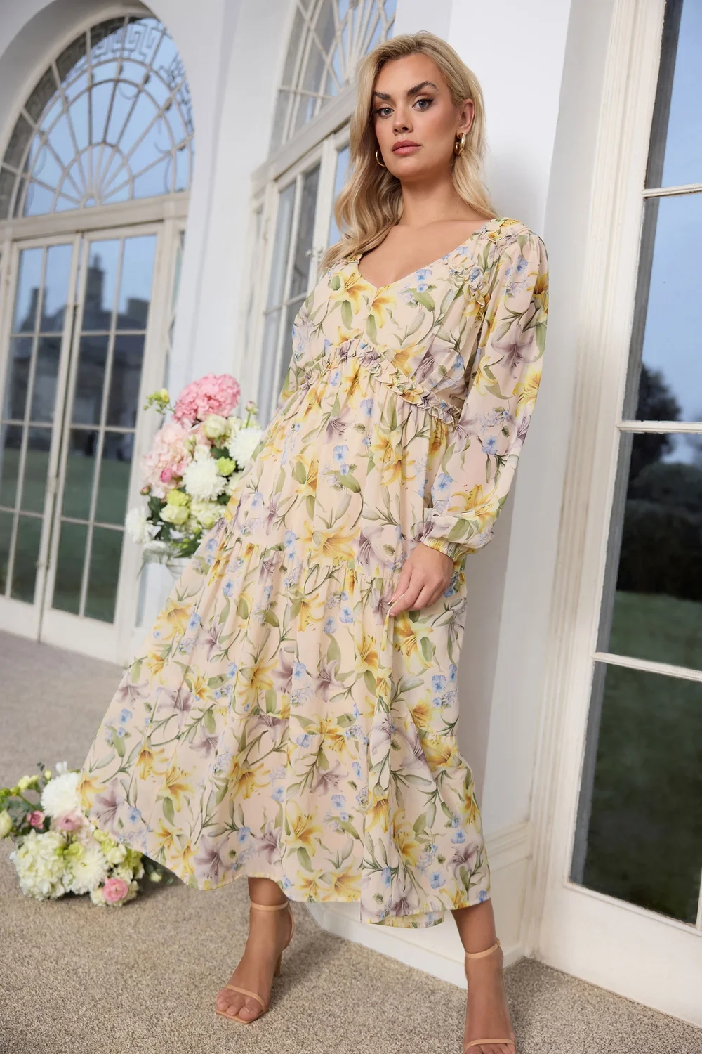 long sleeve floral dress uk Floral Long Sleeve Ruched Maxi Dress